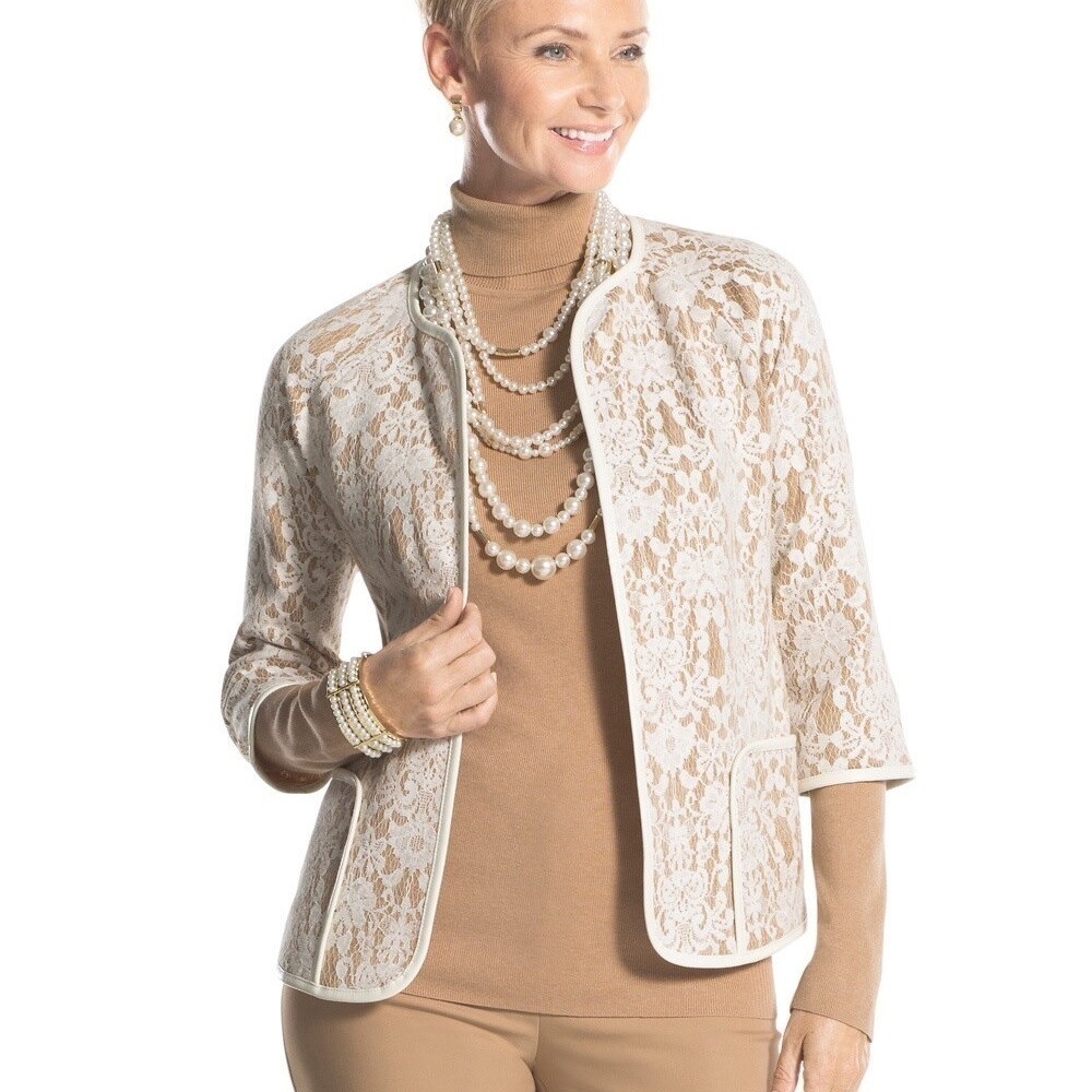 Chico’s Bonded Lace Henrietta Open Cardigan Blazer Sz 2 (L)